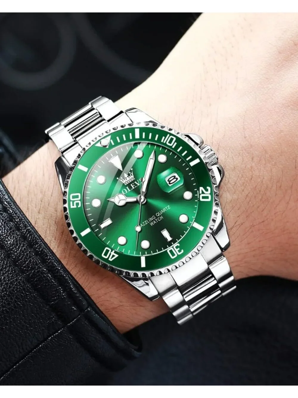 Men's Green Premium Silver Stainless Analog Rotatable Bezel Date Steel Watch